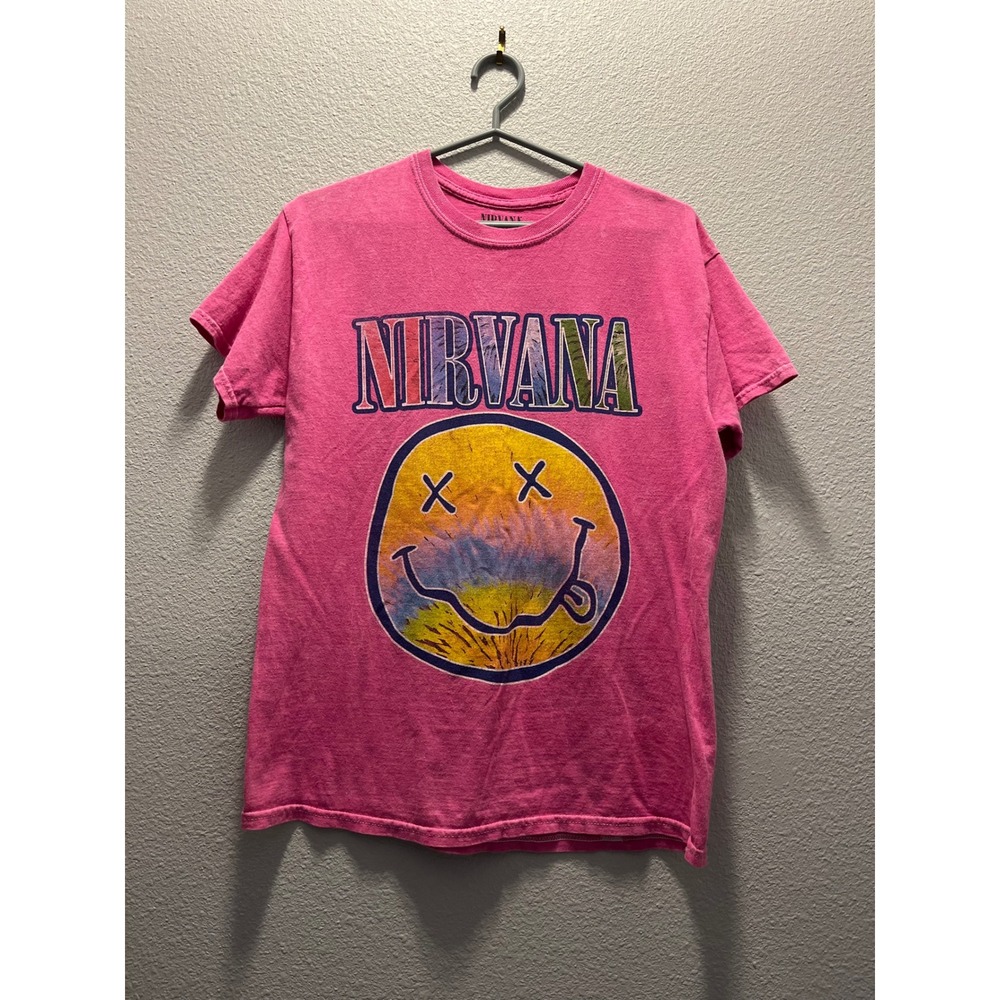 Nirvana Pink Smiley Face Graphic T-Shirt‎ Mens Medium Tie Dye Logo Band Tee